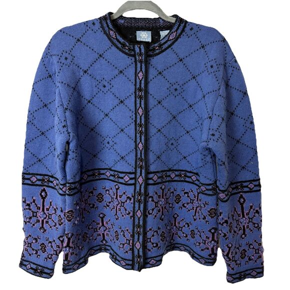 Vtg Frost Womens L Wool Blend Full Zip Nordic Cardigan Sweater Blue Border 90s - Picture 1 of 8